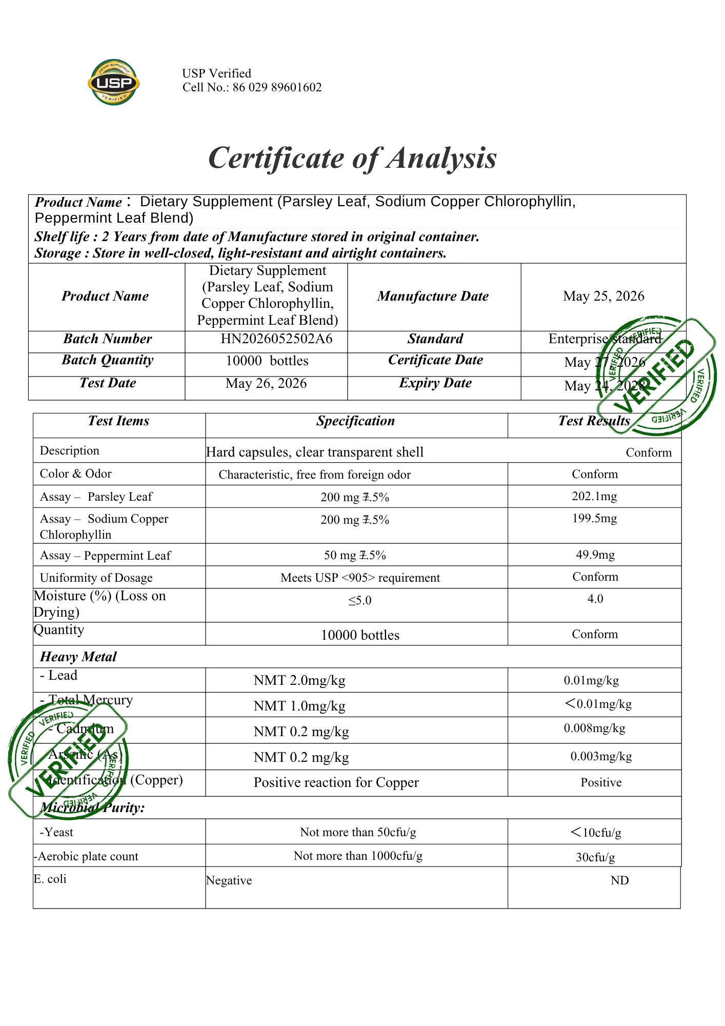 Certificate of Analysis